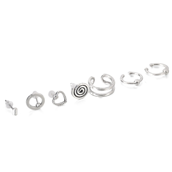 Ear Cuff Open Heart Circle Bar Stud Earrings 7Pc - Picture 2 of 6